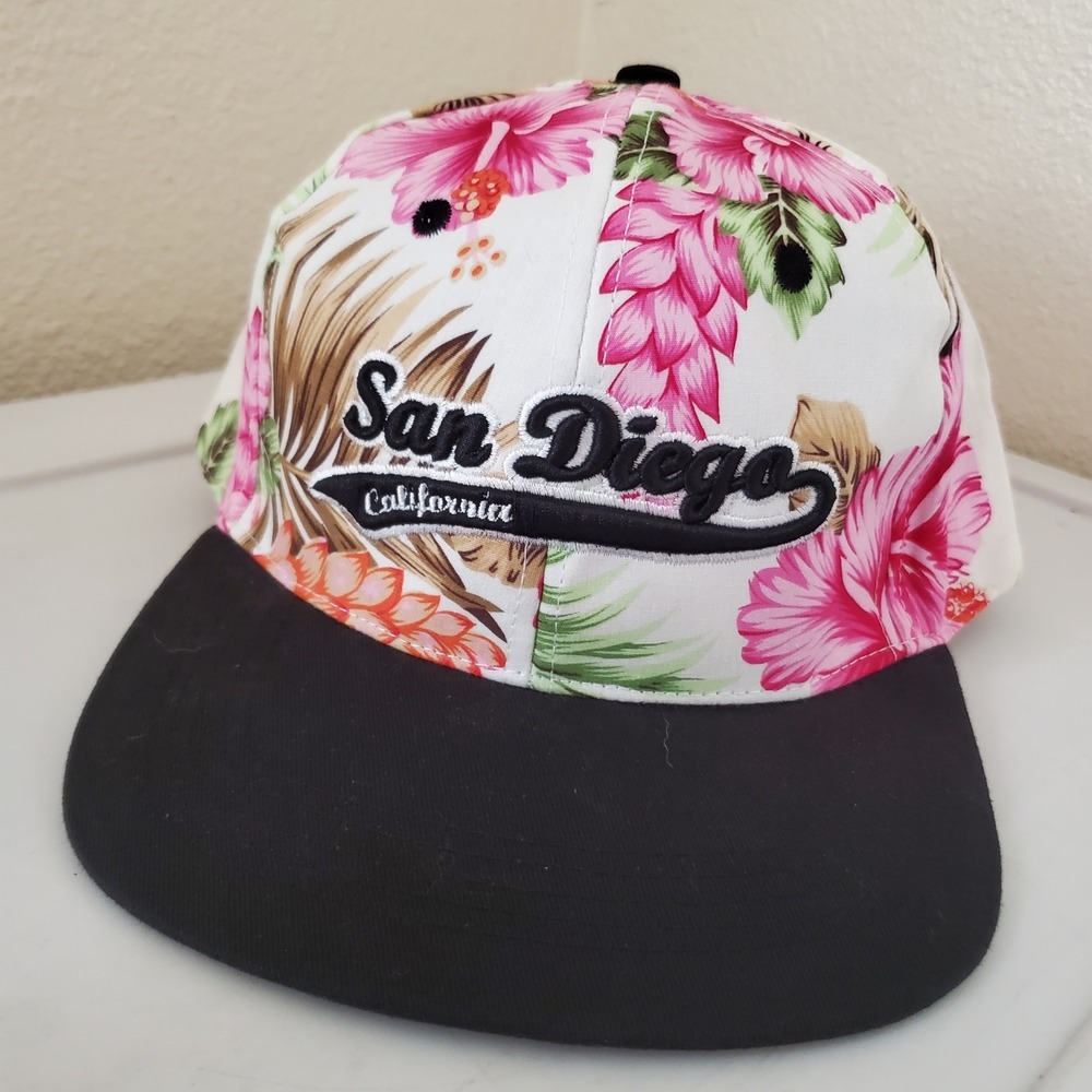 San Diego California Tropical Floral Snapback Hat Pink Hibiscus Flat Brim Cap